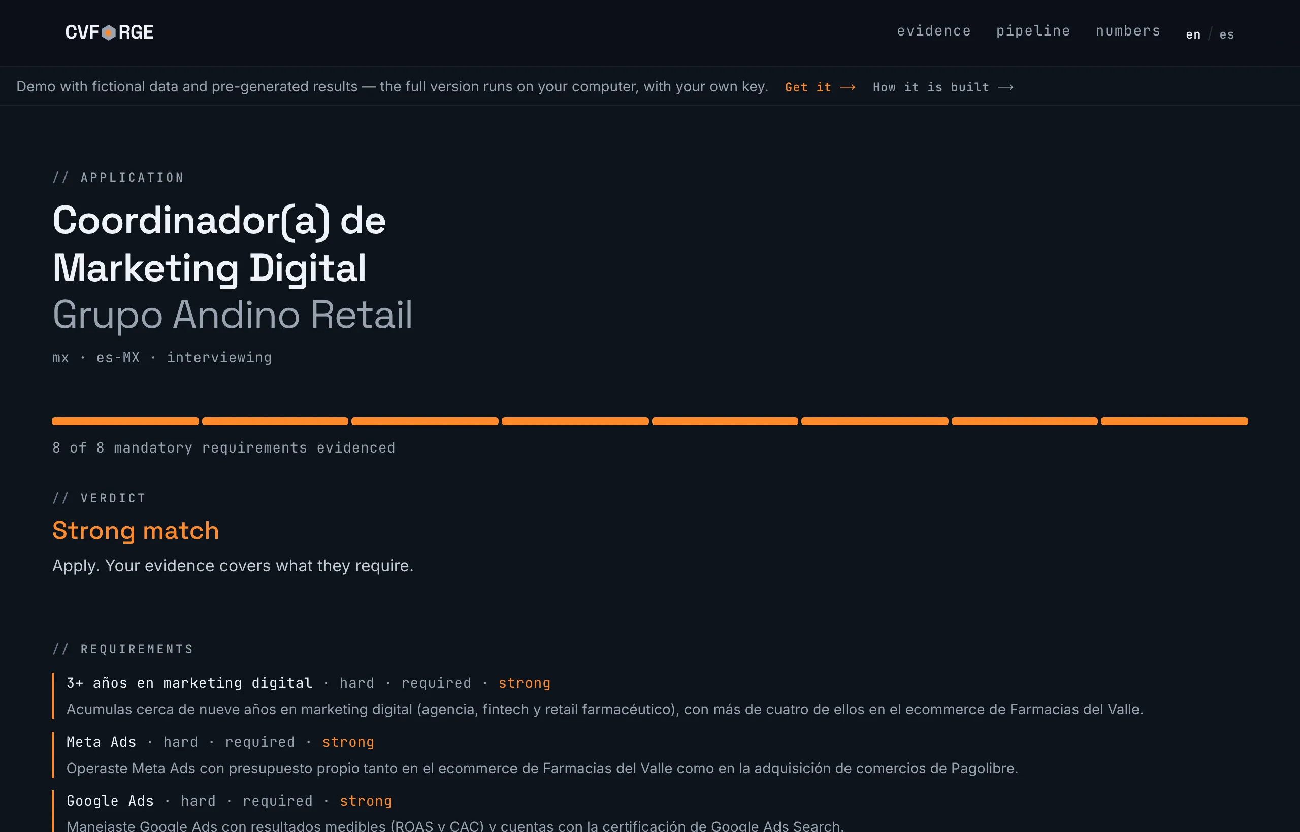An application in the English interface: the verdict and requirement coverage, each tied to evidence (the demo’s sample data is in Spanish)