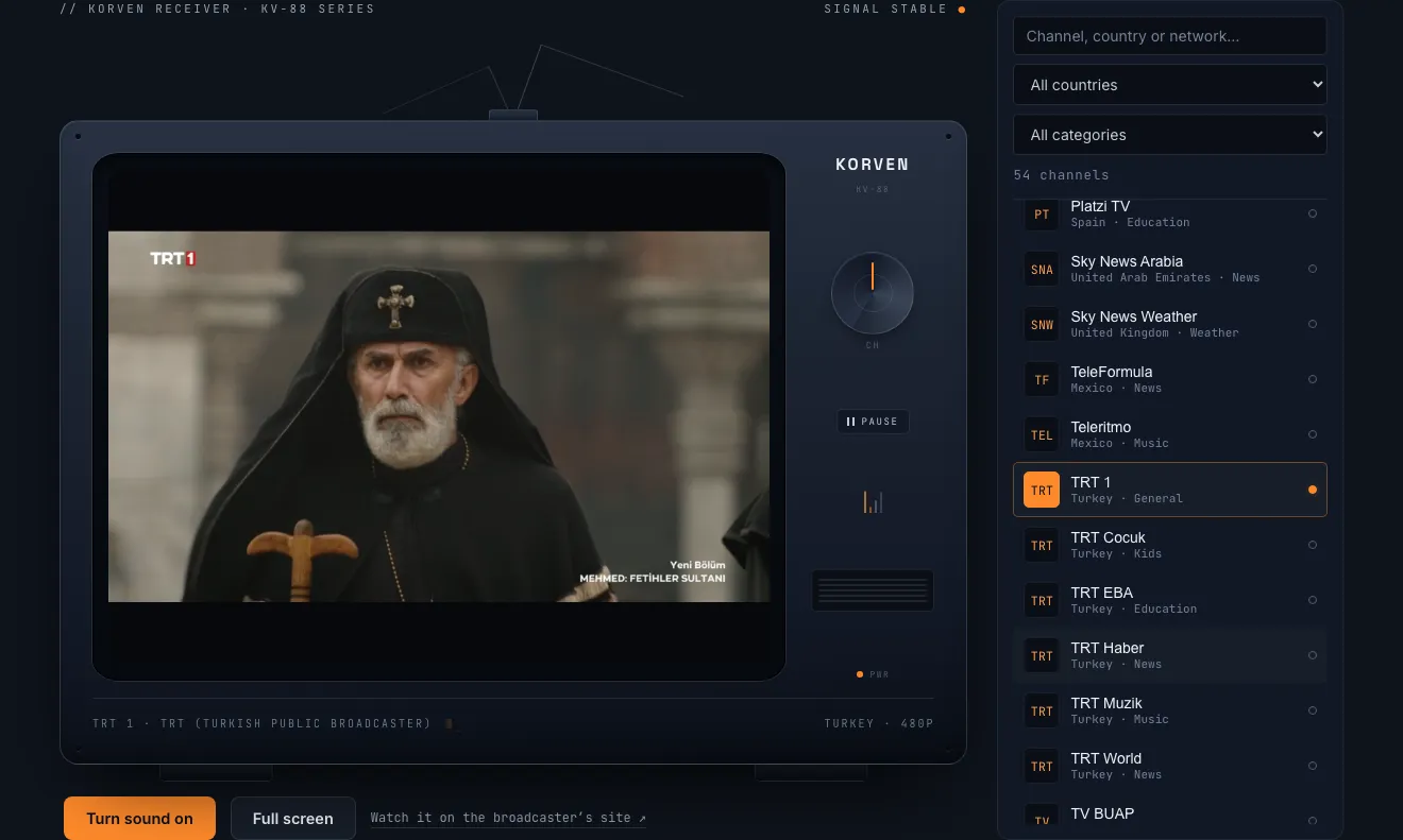 Open TV in English: TRT 1 playing a historical drama next to the channel catalog and its signal