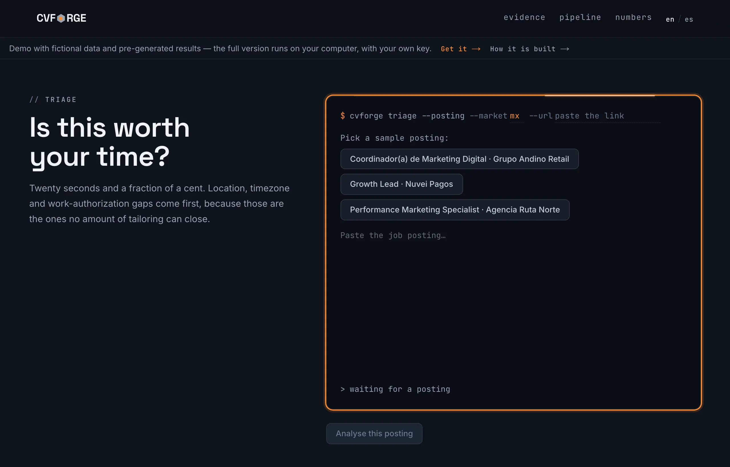 CVForge in English: the triage screen with sample job postings ready to analyze