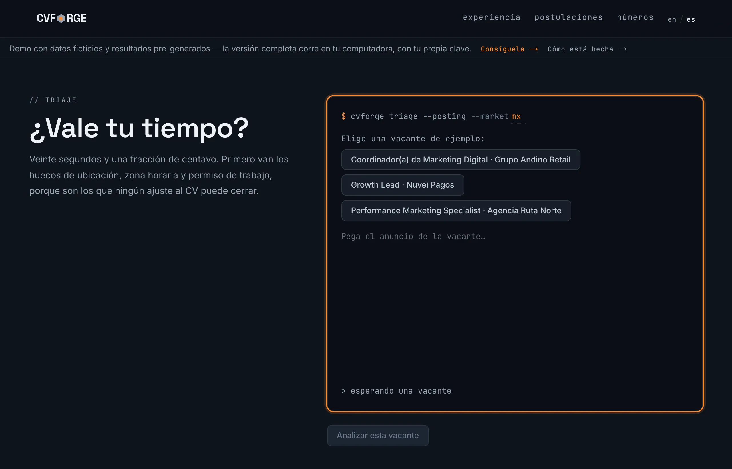CVForge: pantalla de inicio con una vacante de ejemplo lista para analizar
