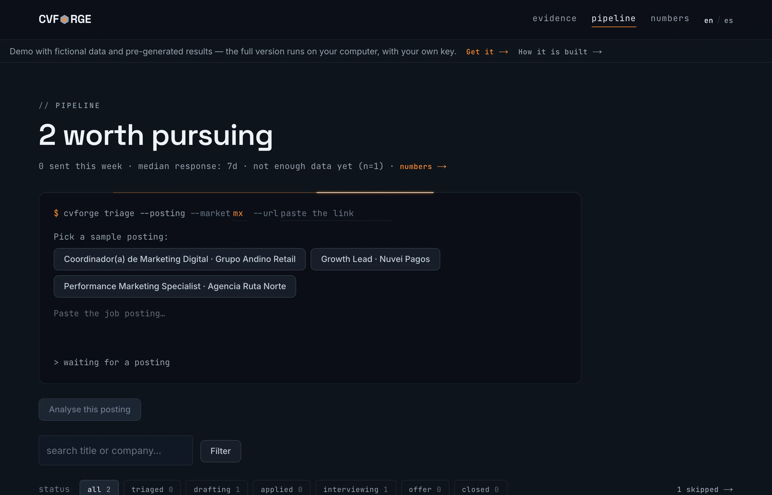The application pipeline in the English interface, with filters and one-click outcomes
